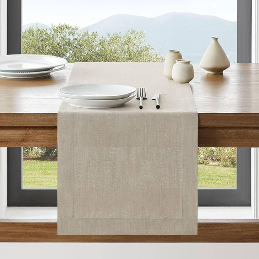 ZeeMart Linen Textured Border Table Runner, 14 x 36 Inch Natural, Farmhouse Style Neutral Table Runners 36 Inches Long, Easy Care Everyday Polyester Table Runner