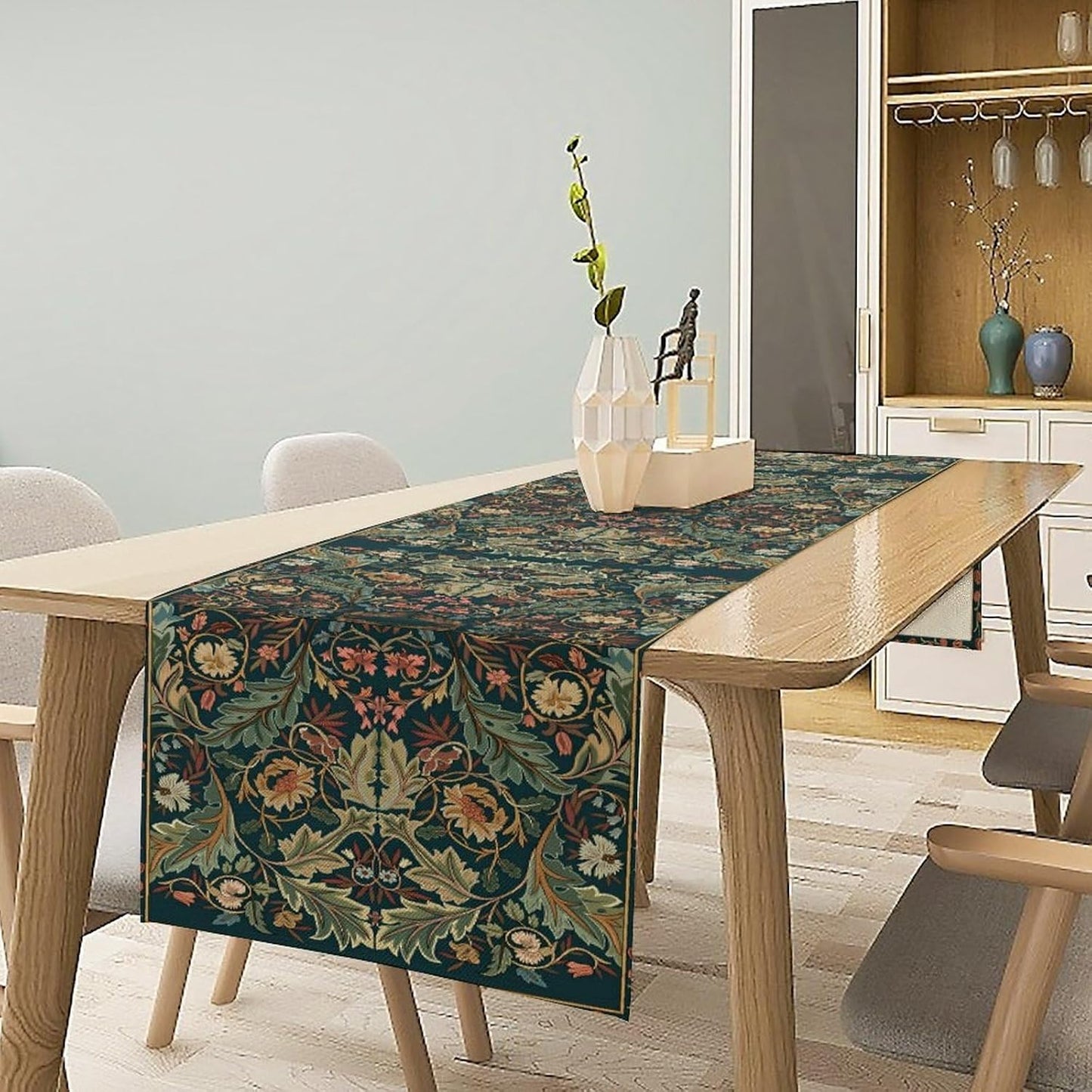 Green Morris Floral Table Runner, Boho Rustic Country Farmhouse Teal Red Rose Pattern for Home Kitchen Table Decor Dining Coffee Room Party Decor 13x90in