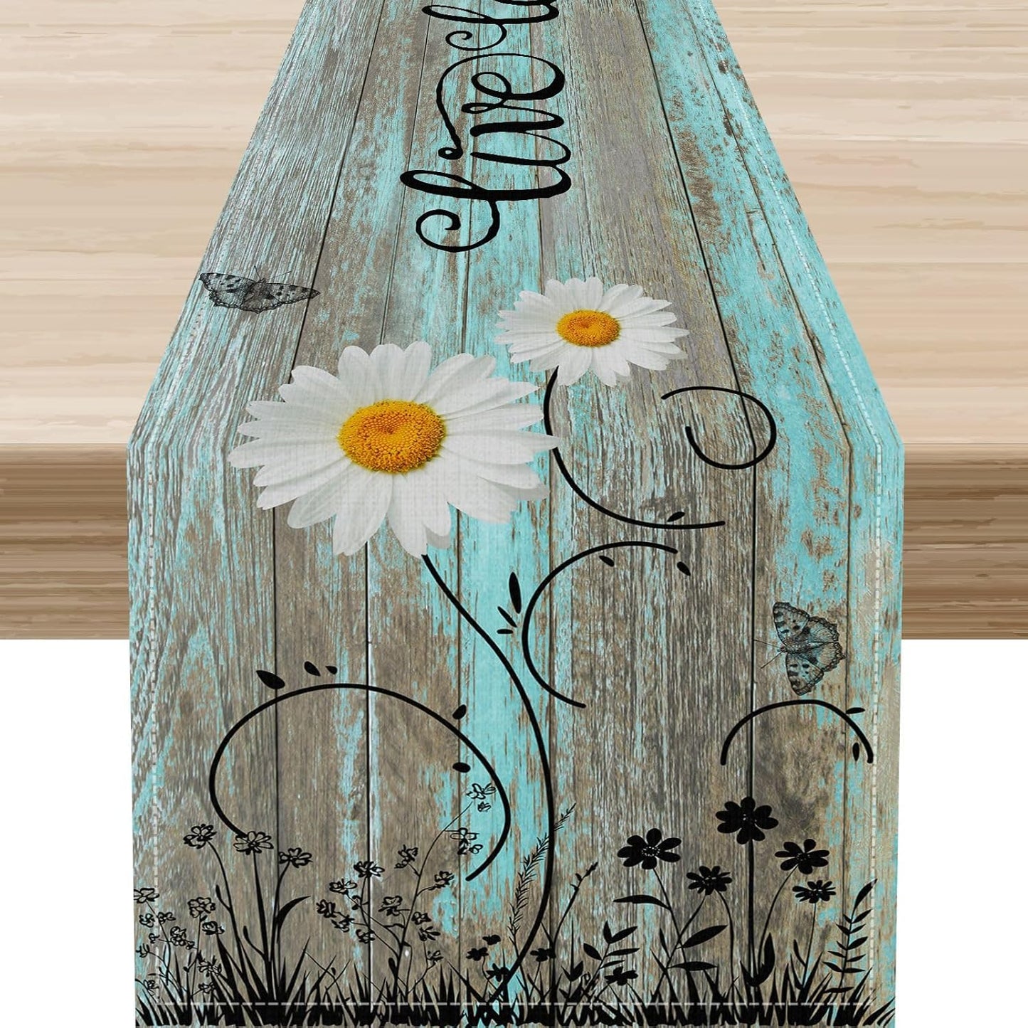 Daisy Floral Table Runner, Farmhouse Spring Seasonal Summer Teal Green White Flower Rustic Abstract Table Center Decor for Home Kitchen Dining Holiday Party Indoor Table Decorations, 13"x72" Inch
