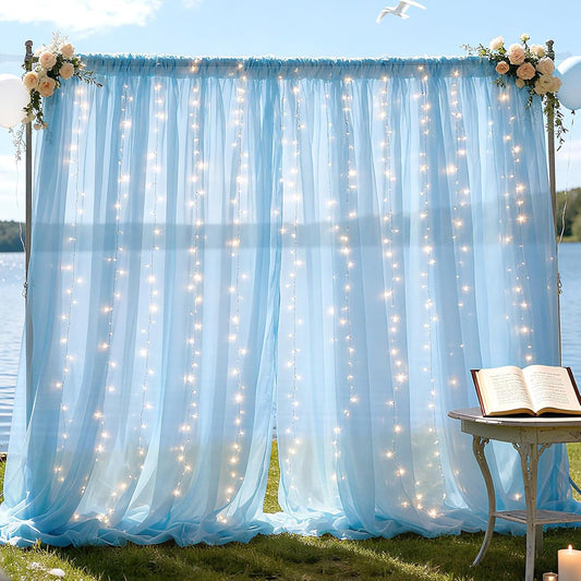 10×8ft Tulle Backdrop Curtains with Lights String - 300LED Fairy Lights Sheer Curtain Backdrop for Weddings Baby Shower and Birthday Party Decorations( 2 Panels 5×8ft)