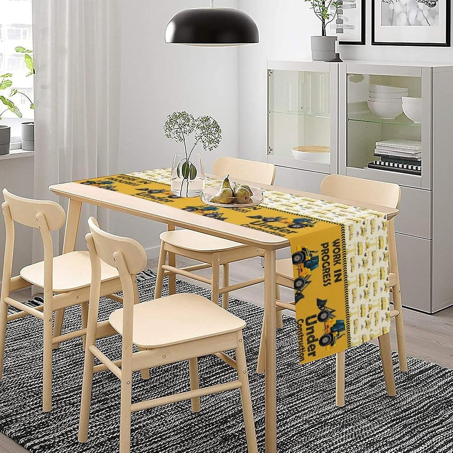 Cartoon Car Table Runner,Boys Kids Construction Vehicles Truck Yellow Print Tablecloth Burlap for Hotel Indoors Outdoor Dining Room Kitchen Home Decor,W13X L90 in