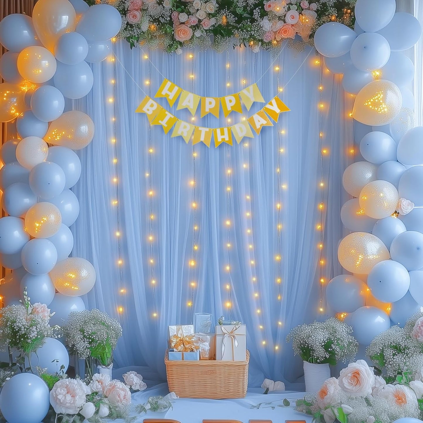 10x8ft Baby Blue Tulle Backdrop Curtains with Lights for Party Wedding Baby Shower, Sheer Drape Backdrop Curtains for Birthday Party Photo Booth Background Decoration
