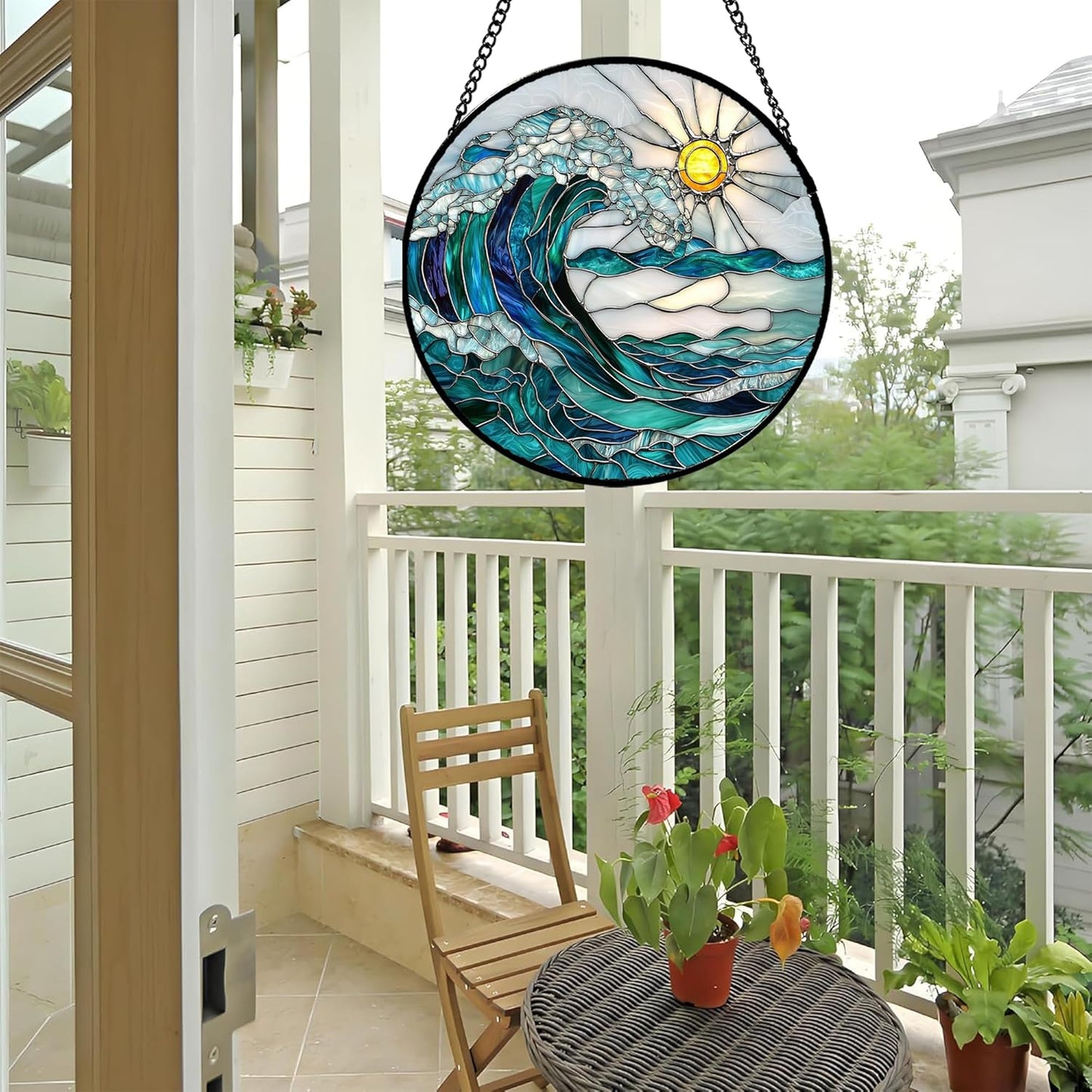 Stained Glass Window Hanging - Blue Green Waves Suncatcher for Door Terrace Garden Home Decor Sunrise Over The Sea Sun Catcher Birthday Gifts for Lovers Women Men Dad Mom Nana 6.3 in