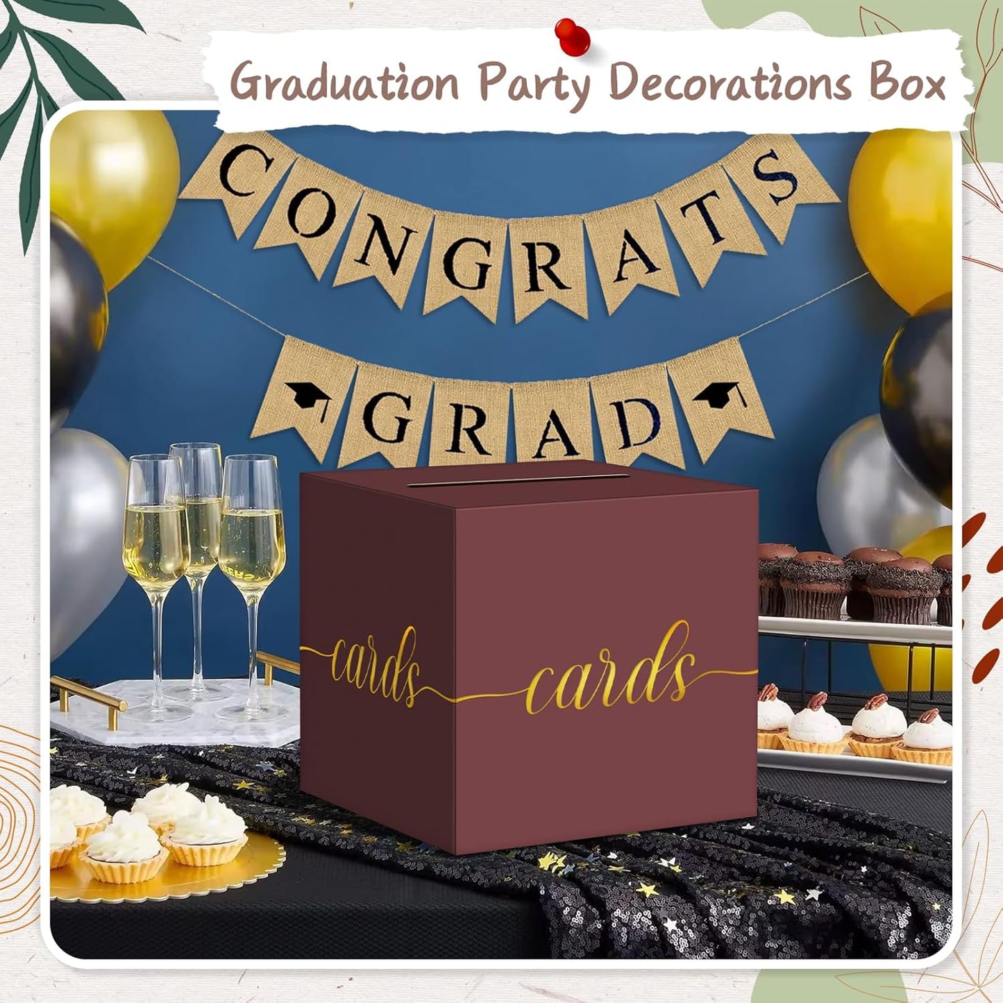 QIKSION Maroon Graduation Card Box, Gold Foil Gift Card Box for Graduation, Party, Wedding Reception, Birthday, Baby Shower, Raffle