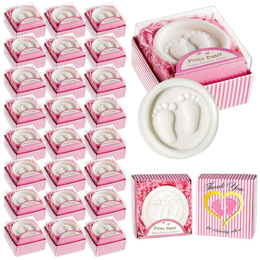 AIXIANG 24-Pack Pink Pitter Patter Handmade Soaps - Individually Wrapped Baby Shower Favors with Gift Box, Baby-feet Scented for Baby Girl Showers & Decor