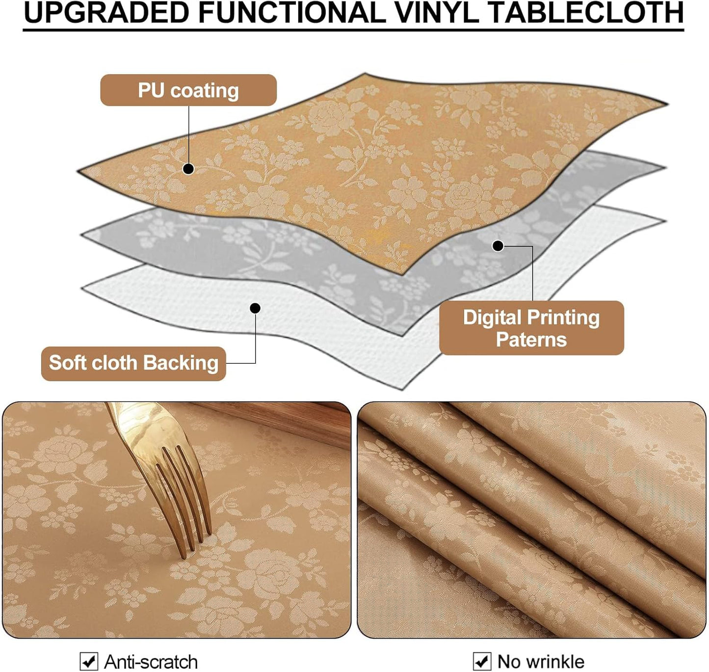 Smiry Rectangle Table Cloth, Waterproof Heavy Duty Vinyl Tablecloths, Wipeable Washable Table Cover for Kitchen and Dining Room (Brown, 60" X 102")