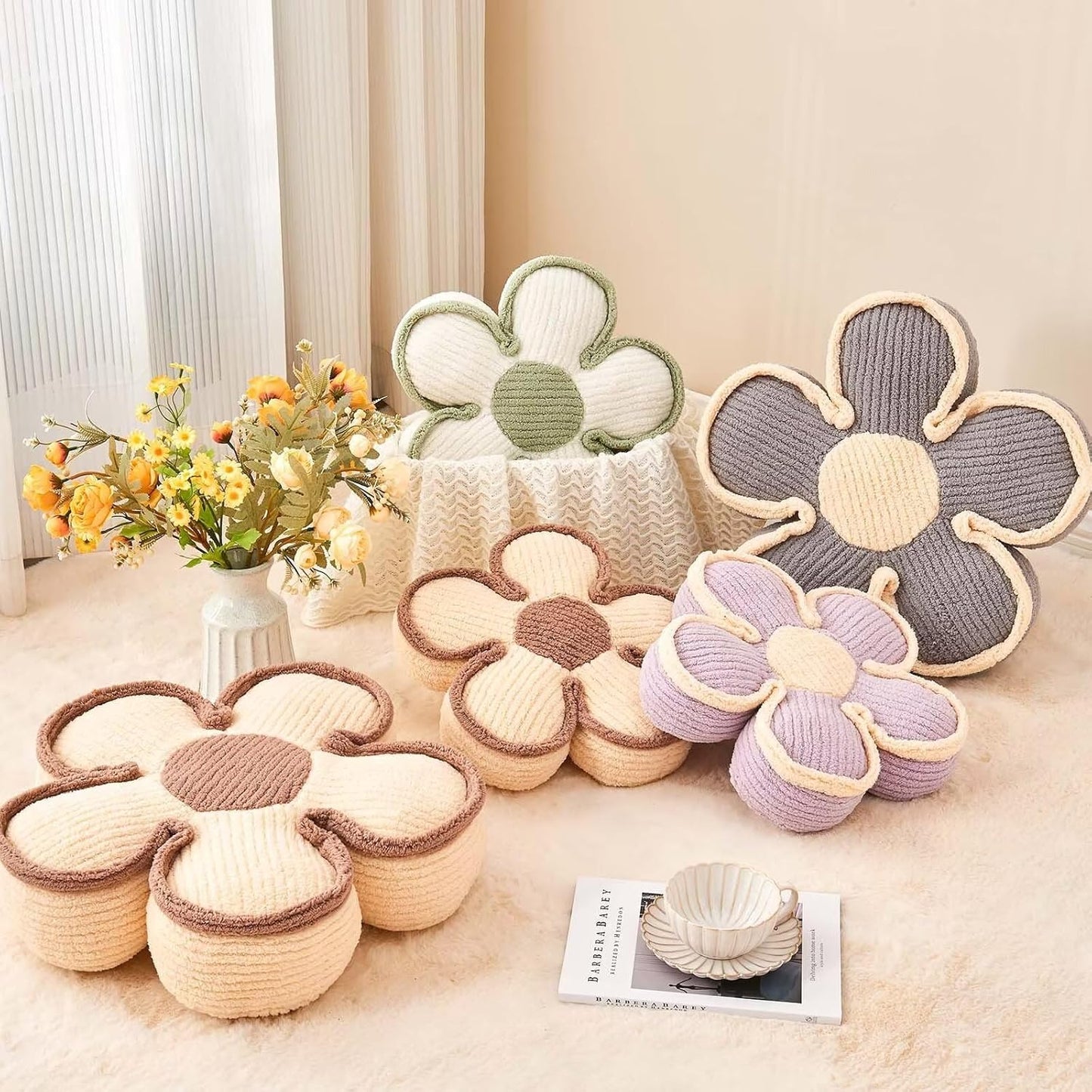 Flower Pillow, Soft Shaped Floor Cushion, Decorative Throw Pillow, Seating Cushion, Plush Room Decor Pillows for Sofa Couch Bed (13.7 Inch, Ivory)