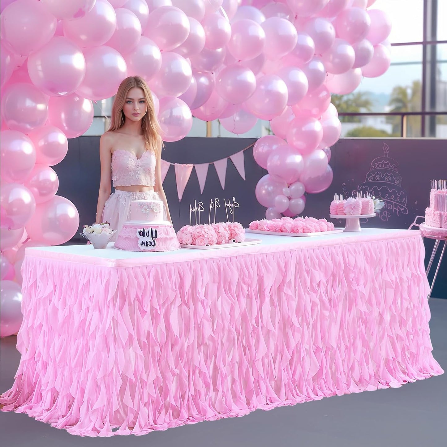 PARTISKY Pink Tulle Curly Willow Table Skirt for Rectangle Table 17ft, Ruffle Tutu Table Cloth for Girls Baby Shower,Birthday Party Candy Cake Tables