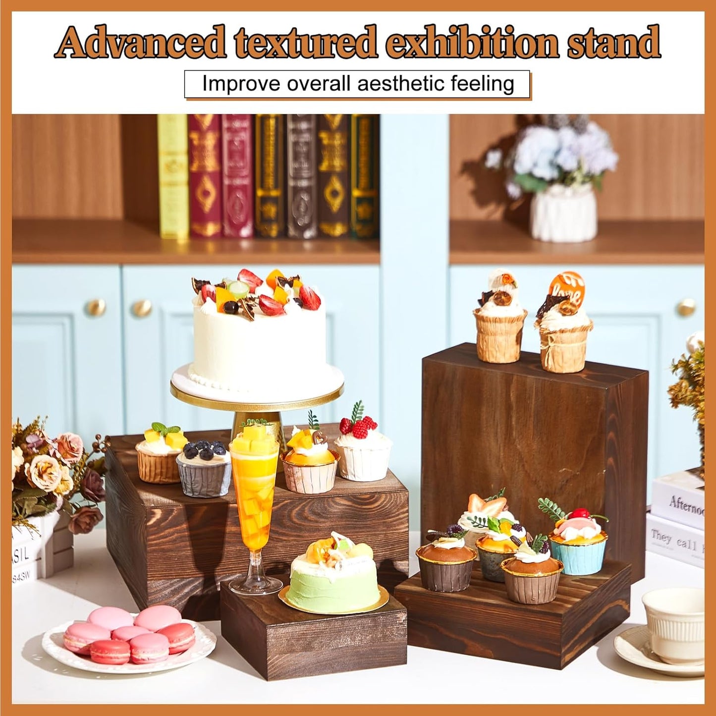 Roowest Set of 4 Wood Display Risers Rustic Cupcake Stand Rustic Wood Cake Stands Wooden Stackable Display Box for Dessert Wedding Birthday Christmas Village Party Decoration(Black Brown)
