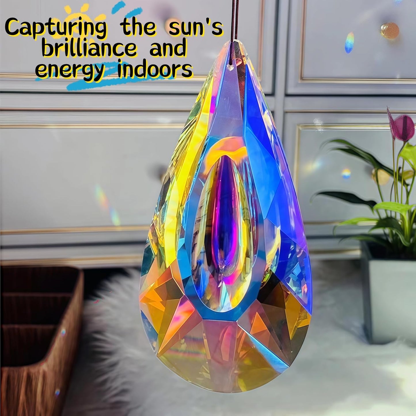 2 Pack Hanging Droplet Shape Chandelier Crystal Prisms（4.6‘’*2.1‘’） - Suncatcher Pendants for Windows, Chandelier Parts, Rainbow Maker - Create Colorful Light Reflections for Home, Garden, Christmas