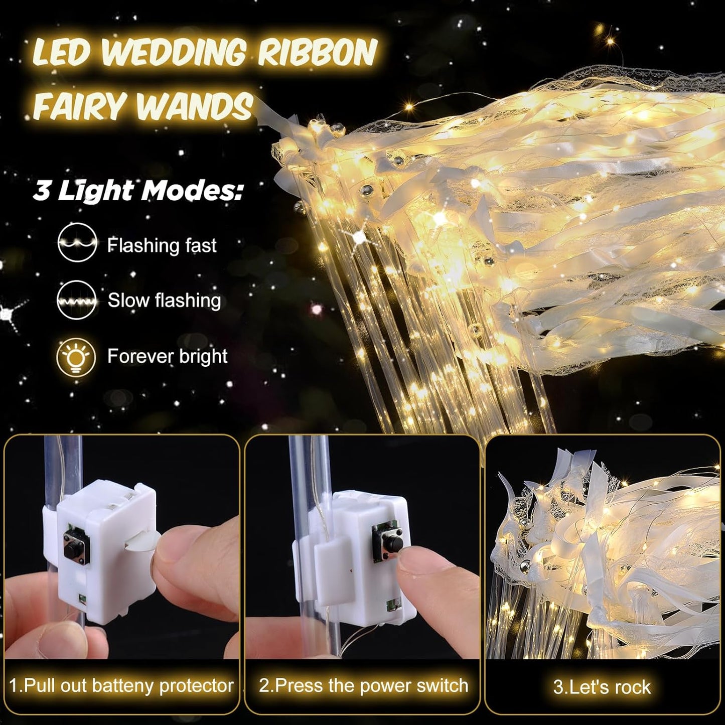 200PCS Light up Wands for wedding, Wedding Wands Streamers with 3 Colorful Flashing Modes, Fairy Wands, LED Silk Fairy Wand with Bells for Wedding, New Year, Thanksgiving, Concert