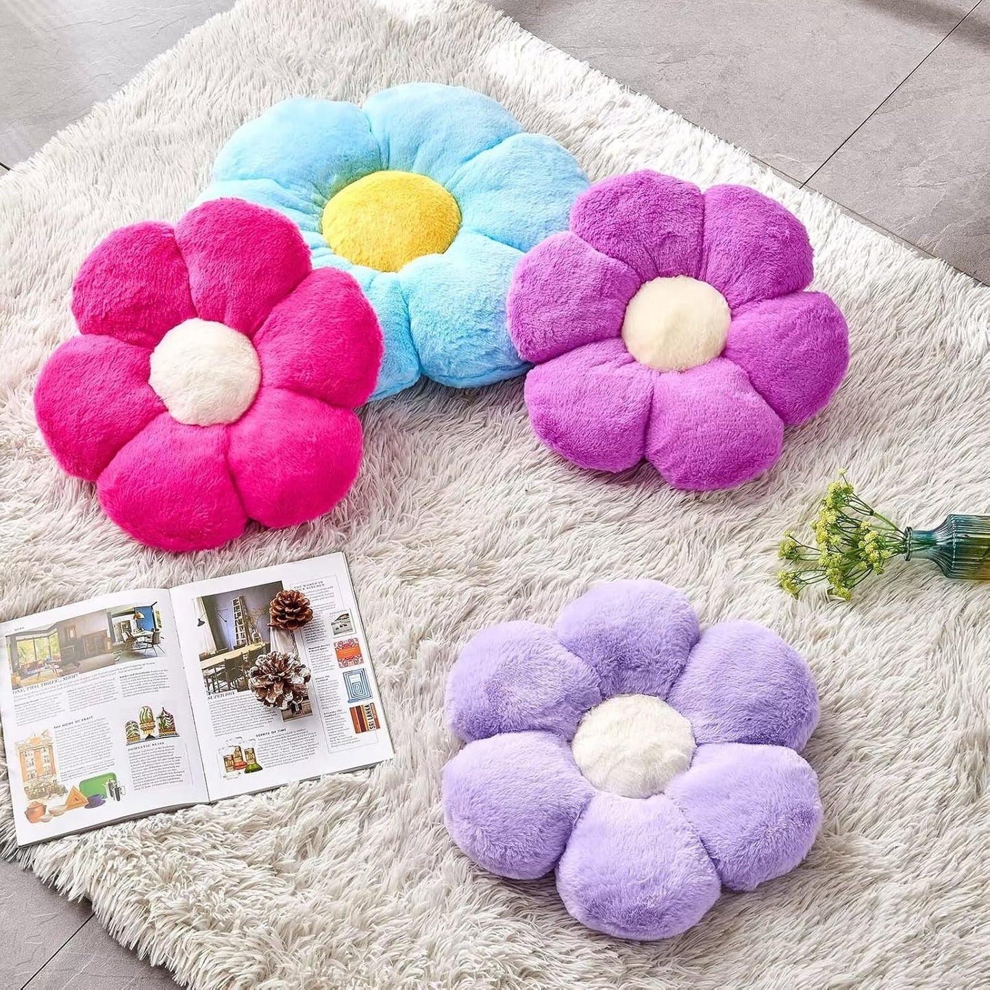 Hot Pink Flower Pillow, Cute Decorative Flower Shaped Throw Pillow with Faux Rabbit Fur, 19.6" Soft Flower Plush Throw Pillow Floor Pillows Room Décor for Bedroom Living Room