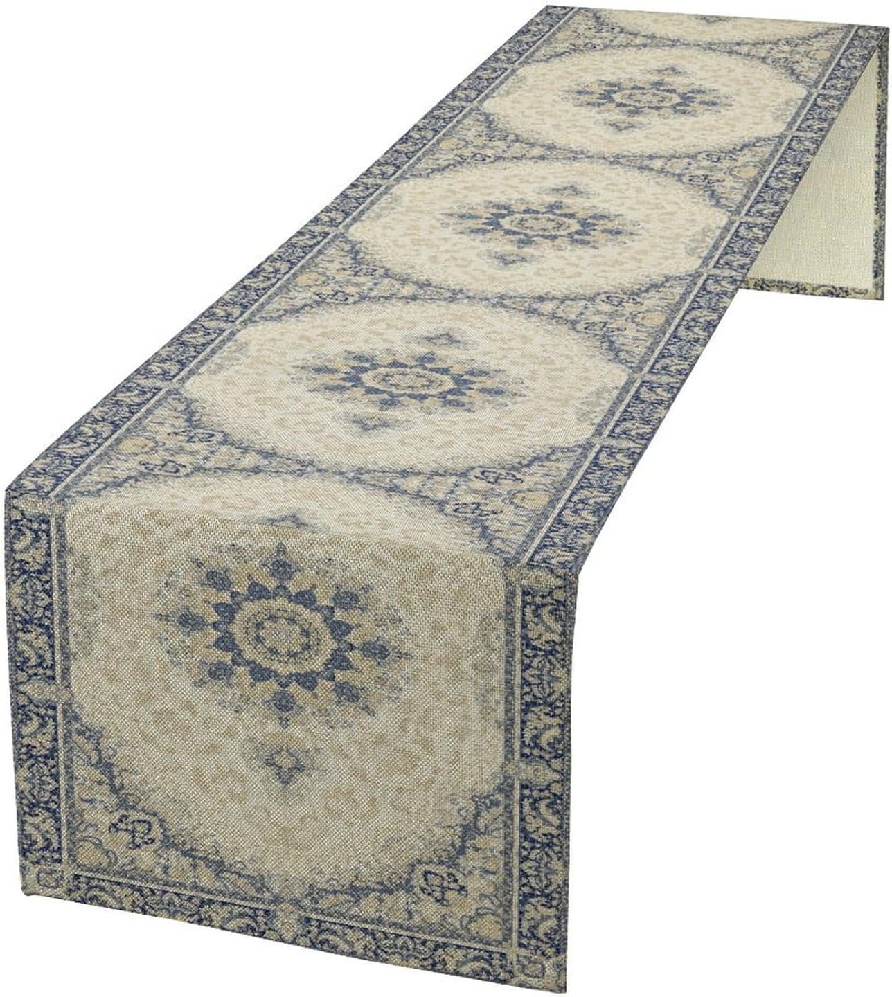 Boho Bohemia Style Table Runner, Vintage Blue Gold Retro Flower Rustic Country Style Floral Print Pattern for Home Kitchen Table Decor Dining Coffee Room Garden Party Decor 13x108in