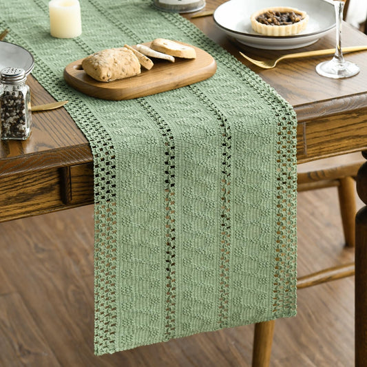 Artoid Mode Light Green Farmhouse Woven Rustic Hollow Table Runner, Seasonal Holiday Hollow Kitchen Dining Table Decoration for Home Party Decor 12x72 Inch