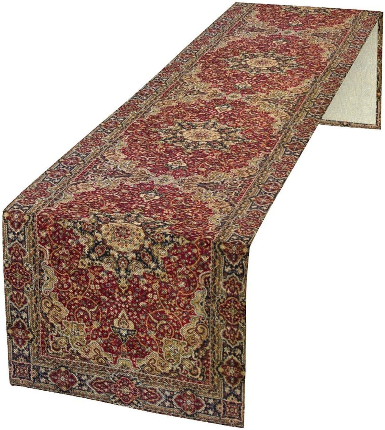 Vintage Boho Floral Table Runner, Rustic Country Farmhouse Red Gold Bohemia Flower Pattern for Home Kitchen Table Decor Dining Coffee Room Party Decor 13x36in
