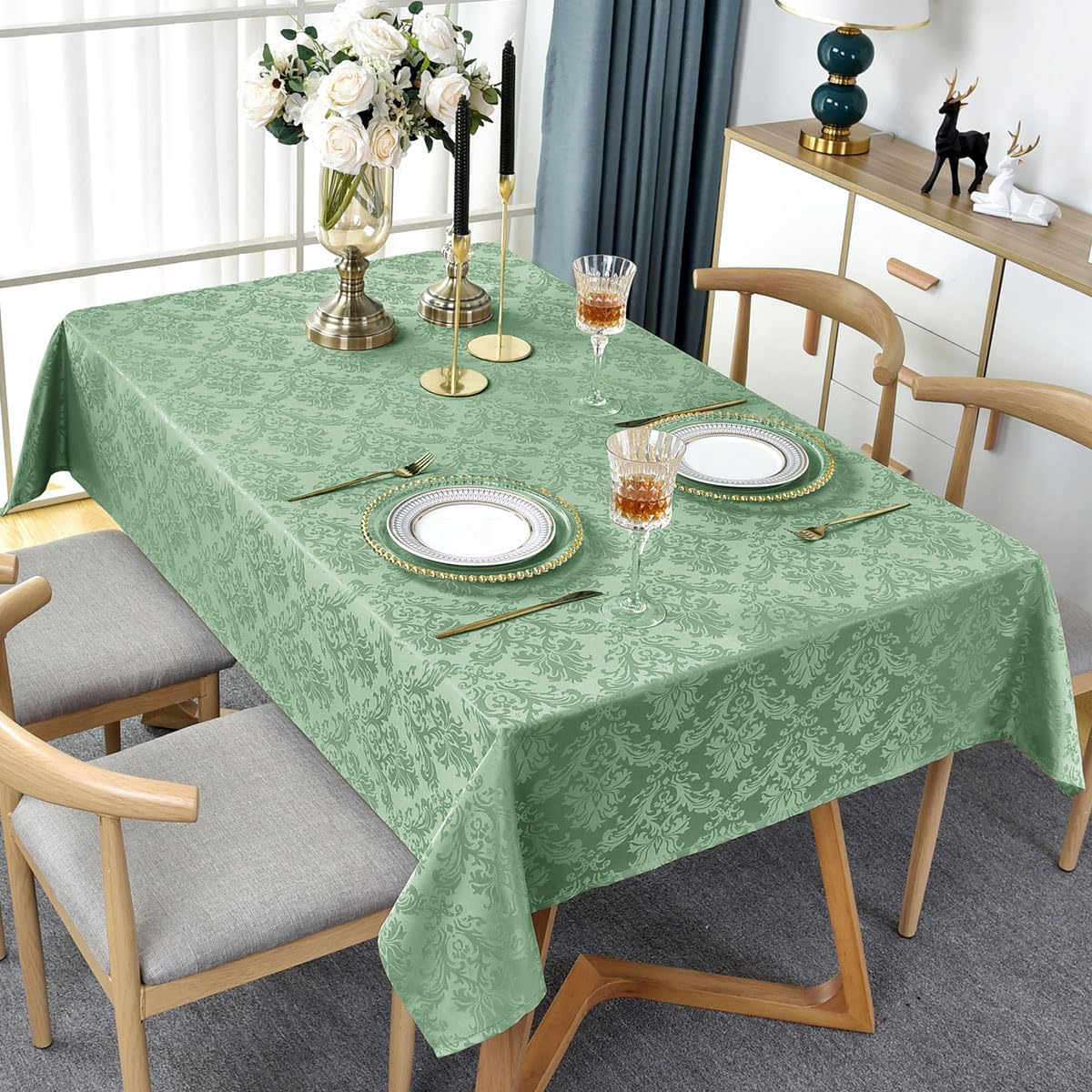 Flower Jacquard Rectangle Tablecloth 60 x 102 Inch Waterproof Oil Proof Wrinkle Free Damask Table Cloth, Fabric Table Cover for Dining, Party, Banquet, Indoor, Outdoor, Sage Green