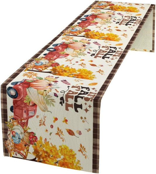 Fall Pumpkin Table Runner,Rustic Maple Yellow Leaf Trees Truncks Brown Plaid Tablecloth Burlap for Hotel Indoors Outdoor Dining Room Kitchen Home Decor,W13X L80 in