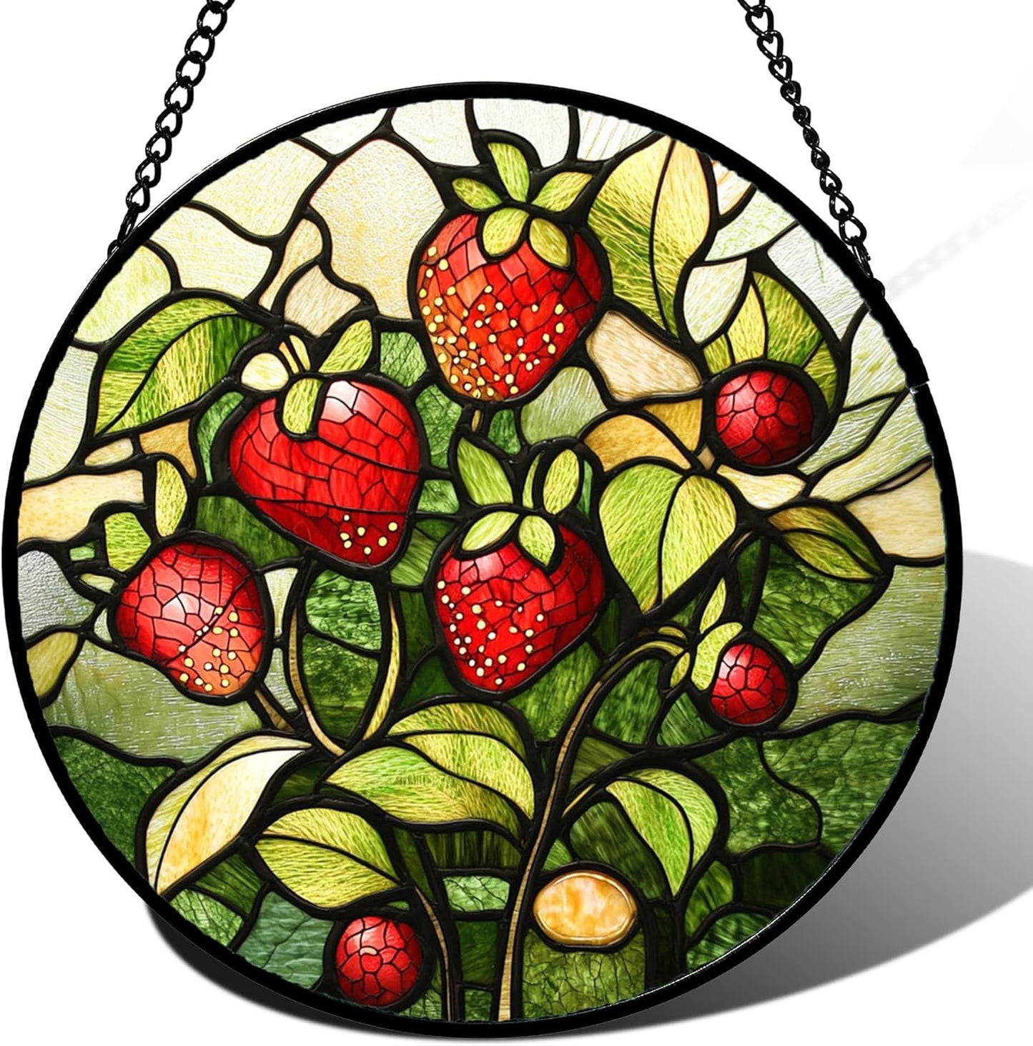 Stained Glass Window Hanging - Red Strawberry Suncatcher for Doors Window Home Green Plant Sun Catchers Decor Christmas Mother's Day Birthday Gifts for Teacher Women Men Mom Nana 11.8 in