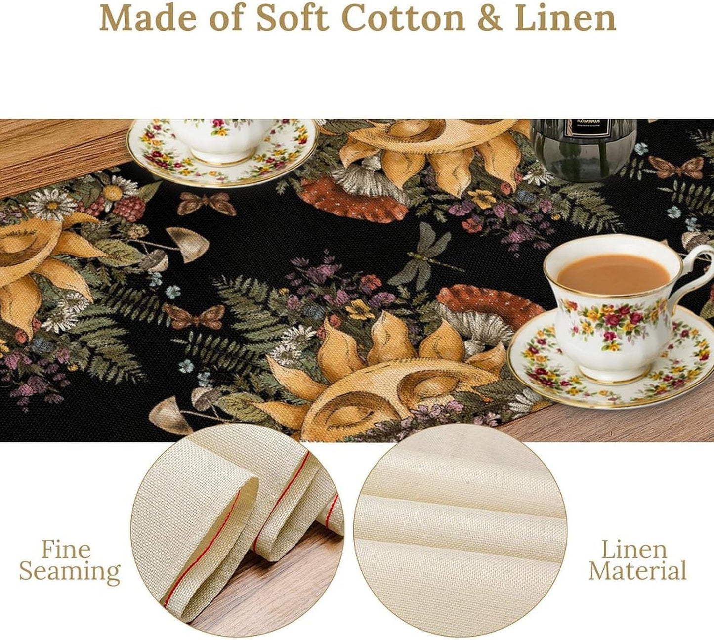 Sun Moon Table Runner, Bohomian Mushroom Daisy Table Gothic Dragonly Butterfly Table Center Decor Table Runner for Indoor Outdoor Party Kitchen Dinner Black, 13x120 Inch