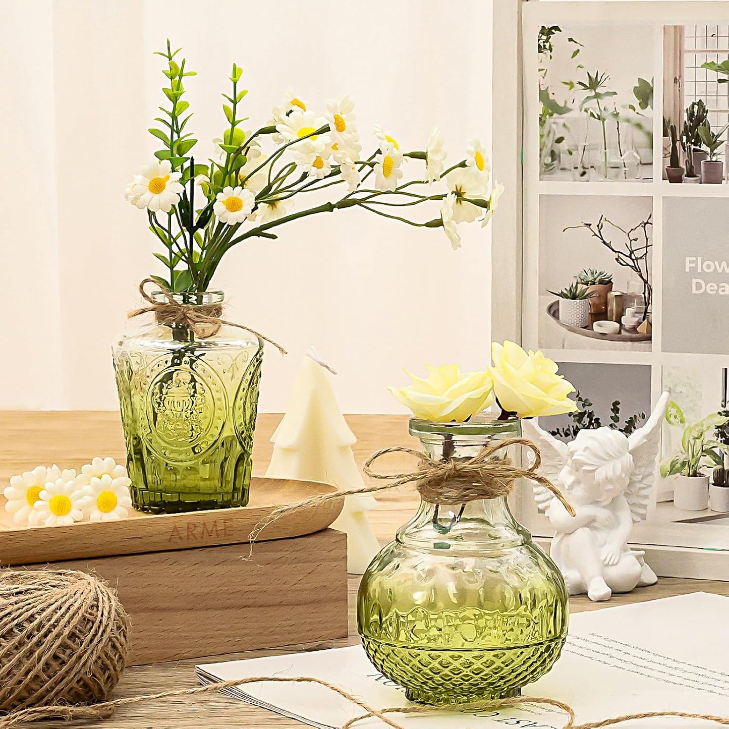 Arme Bud Vase Set of 32, Green Vases Glass Bud Vases in Bulk, Small Vases for Centerpieces Mini Flower Vase Set Cute Vintage Glass Vase Set for Flower Wedding Home Centerpiece Table Decorations