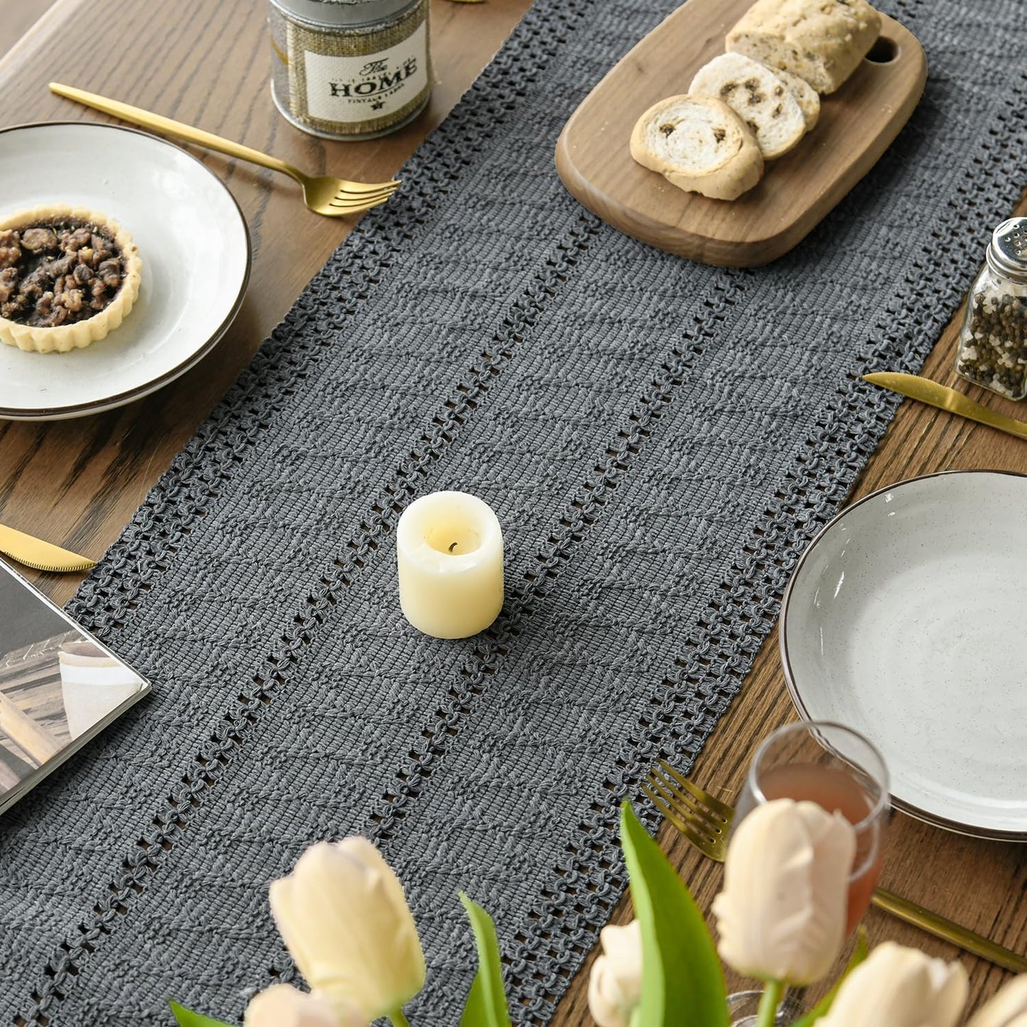 Artoid Mode Dark Grey Farmhouse Woven Rustic Hollow Table Runner, Seasonal Holiday Hollow Kitchen Dining Table Decoration for Home Party Decor 12x72 Inch