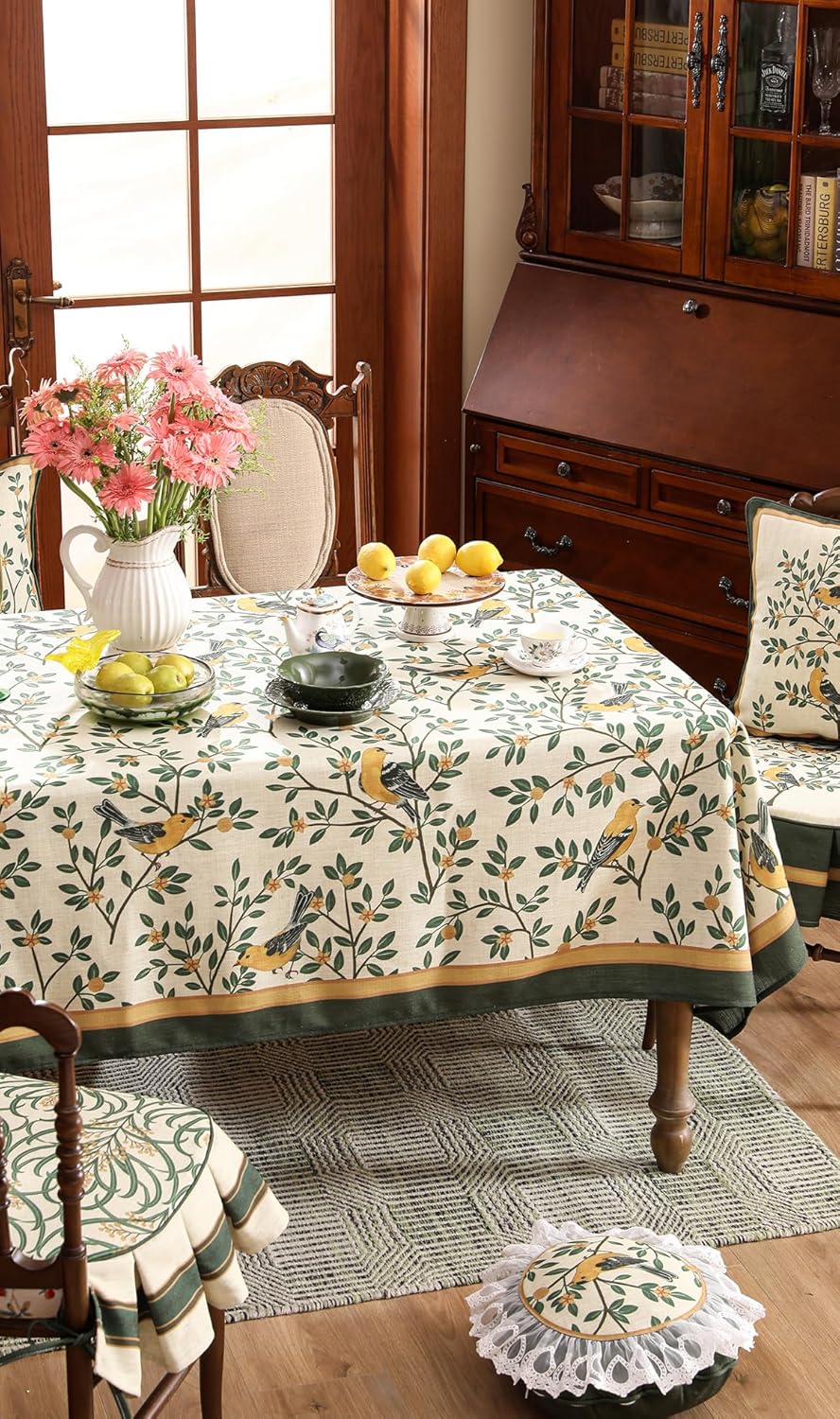 patdrea Designer French Table Cloth for Rectangle Table,Vintage Green Linen Birds and Leaves Pattern Tablecloths,Dacorative Cover Kitchen Dining,Christmas,Thanksgiving,Tea Party,63"x87"-Warbler