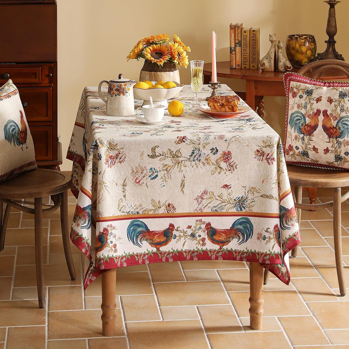 patdrea Designer Small French Rectangle Tablecloth,Red Vintage Linen Animals Pattern Breathable Tablecloths,Decor Floral Table Cover for Kitchen Dining Christmas,Thanksgiving,55"x71"-Townlife E