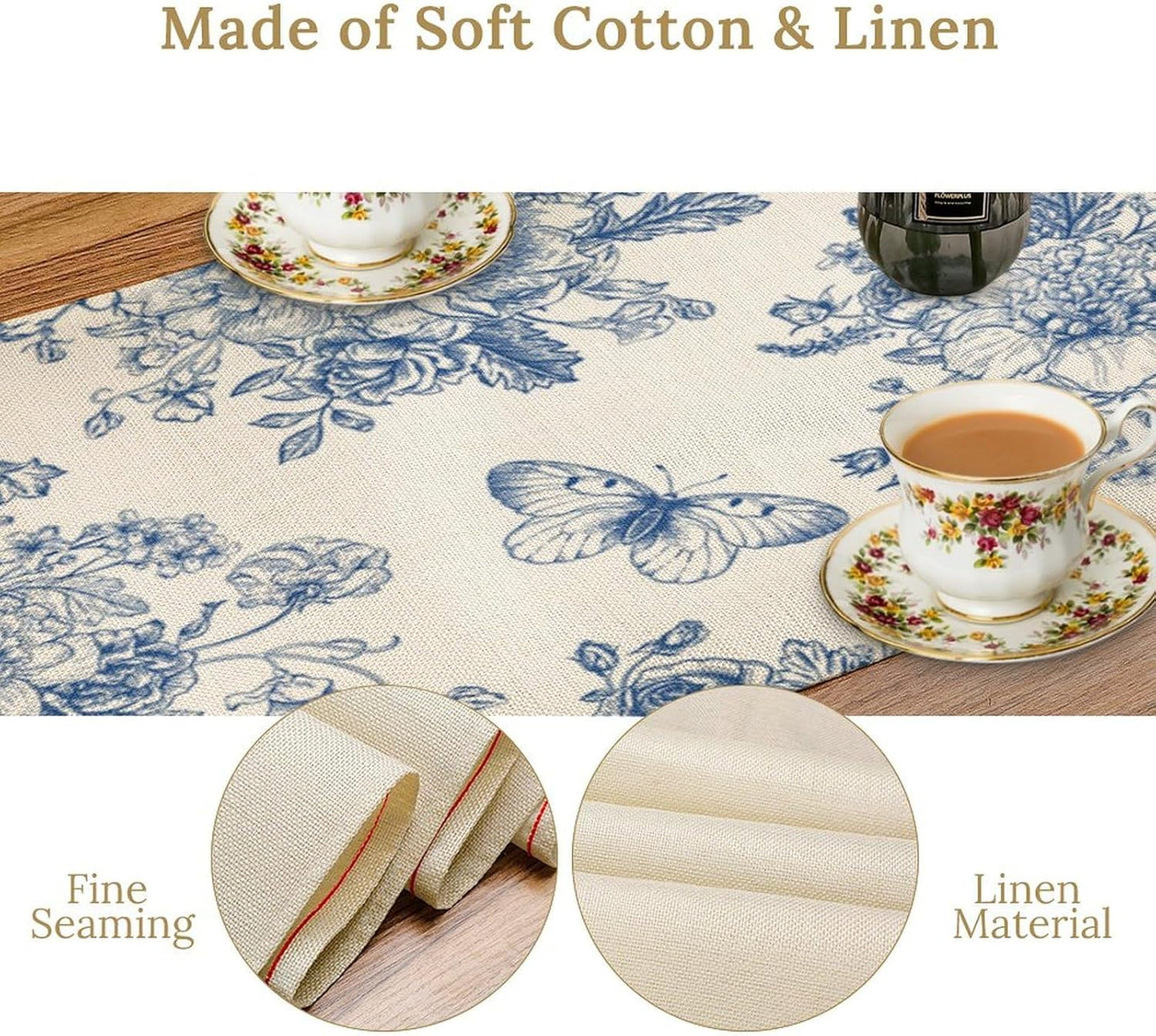 Monochrome Sketch Flowers Table Runner, Seasonal Spring Fall Plants Blue Florals Butterfly Dinner Runner for Home Kitchen Dining Table Party Holiday Decoration 13"x60"