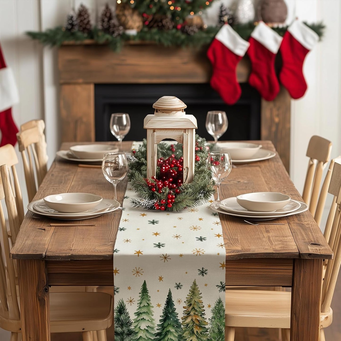 GEEORY Christmas Table Runner 13x72 Inch, Xmas Tees Snowflakes Holiday Decorative Farmhouse Table Decoration for Kitchen Dinning, Indoor Outdoor Dinner Party Decor (Light Green) GT166-72