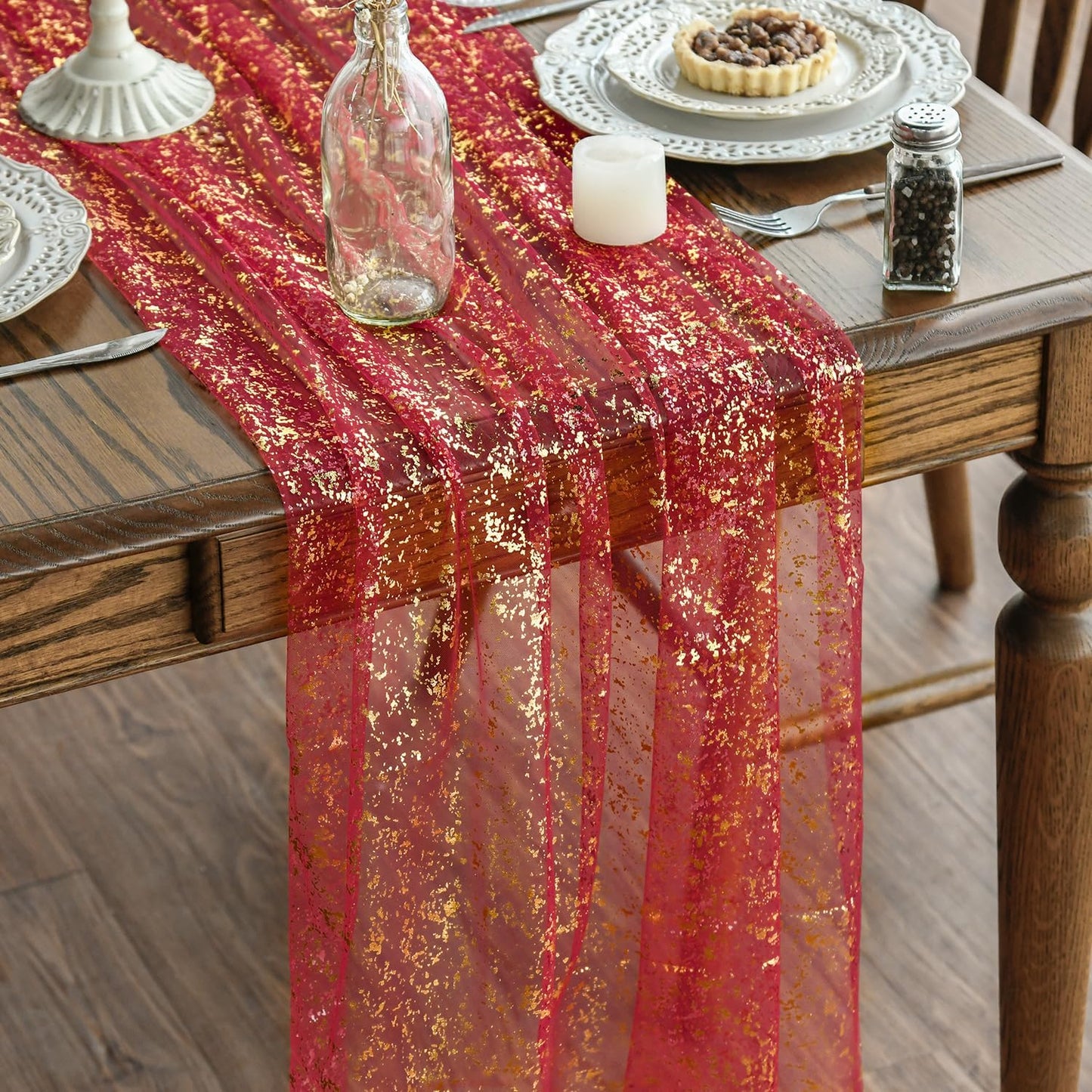 Artoid Mode 6PCS Red Gold Gauze Table Runner 120 Inch 10FT, Glitter Metallic Foil Sheer Dining Wedding Anniversary Holiday Table Decor for Home Party