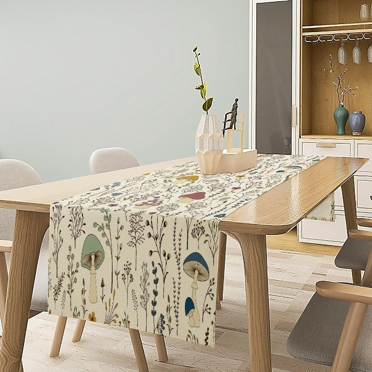 Mushroom Table Runner,Colorful Wild Plants and Fungus Botanical Plants Pattern Print Burlap for Hotel Indoors Outdoor Dining Room Kitchen Holiday Party, 13x36in