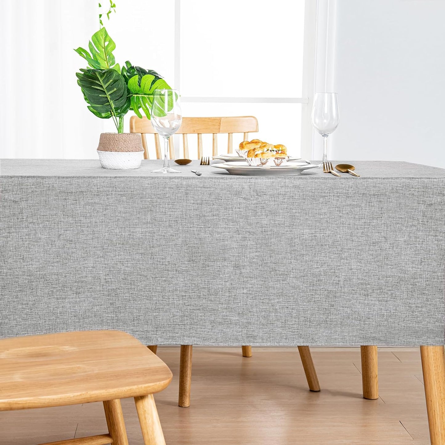 Hiasan Faux Linen Rectangle Tablecloth - Wrinkle and Stain Resistant Washable Table Cloth for Kitchen Dining Room Holiday Table Cover for Dinner, Light Grey, 70 x 140 Inch