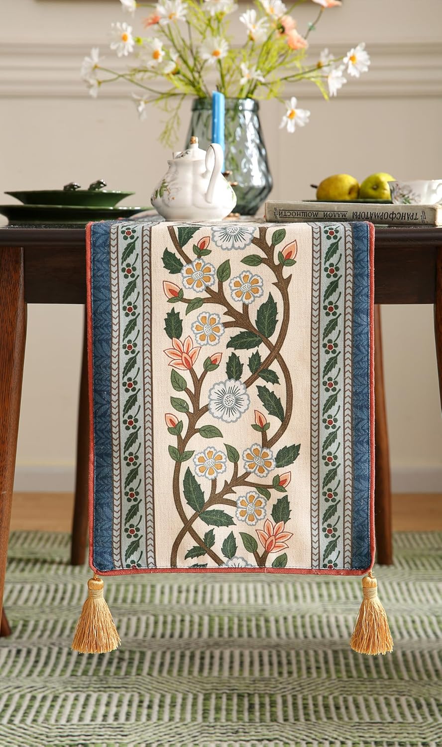 ISAENNE Designer Vintage Elegant Linen Table Runner 71 Inches Long,Colorful Flower Pattern Soft Table Runners for Dining Tables,Thanksgiving,Kitchen Tables,Christmas,12"*71"-Naples C