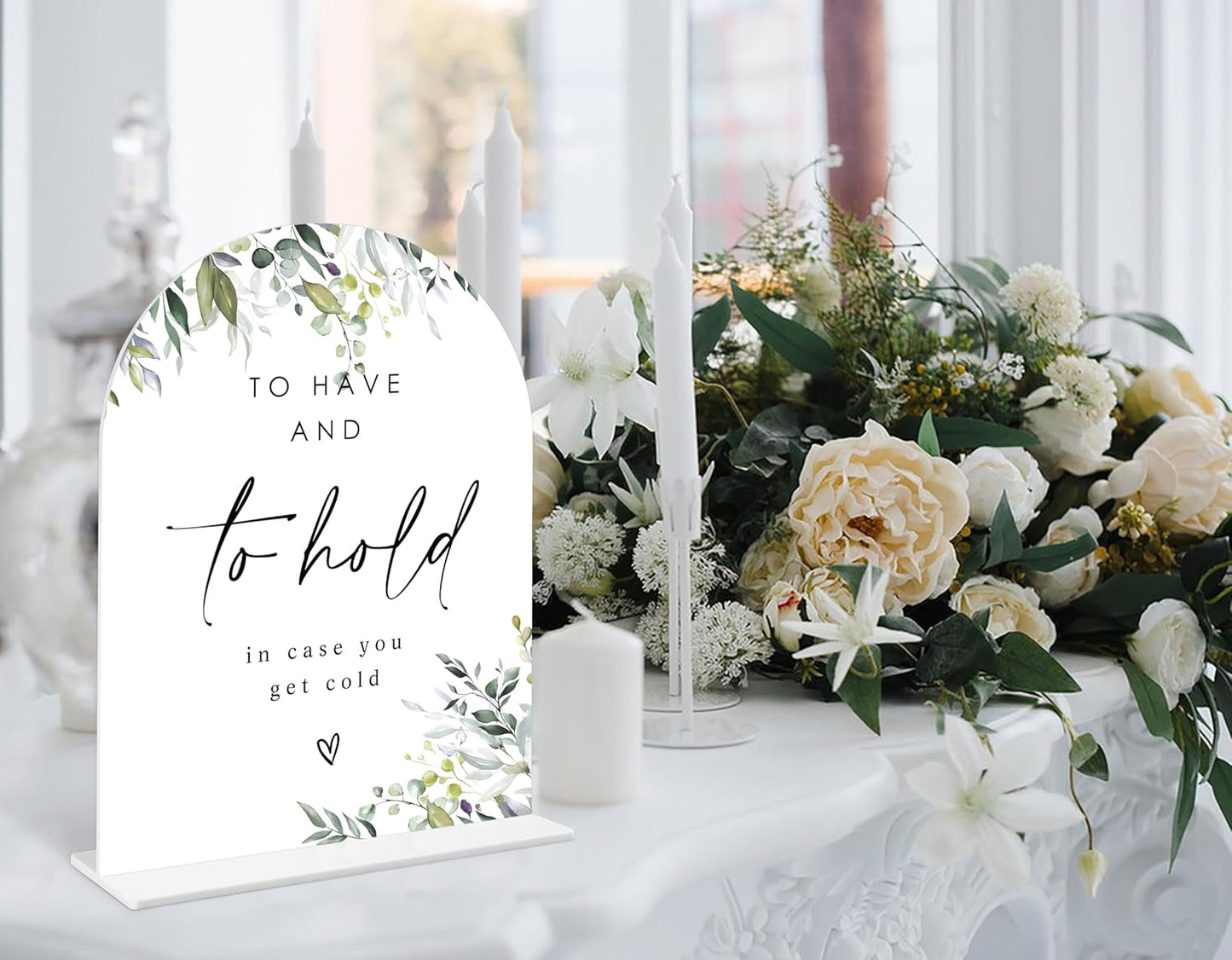 Greenery Wedding Blanket Sign, 6 x 8 Inch White Arch Acrylic Wedding Sign with Holder, Wedding Sign for Ceremony and Reception, Wedding Decoration, Wedding Supplies - LY30