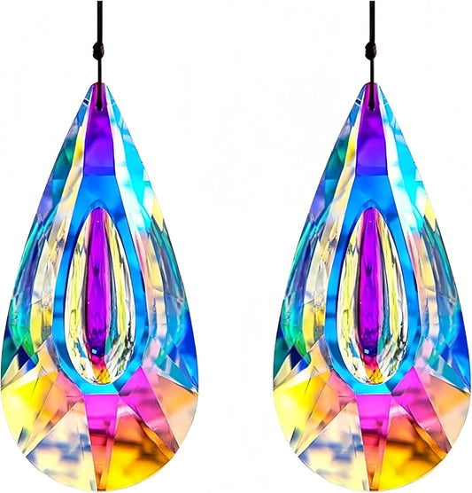 2 Pack Hanging Droplet Shape Chandelier Crystal Prisms（4.6‘’*2.1‘’） - Suncatcher Pendants for Windows, Chandelier Parts, Rainbow Maker - Create Colorful Light Reflections for Home, Garden, Christmas