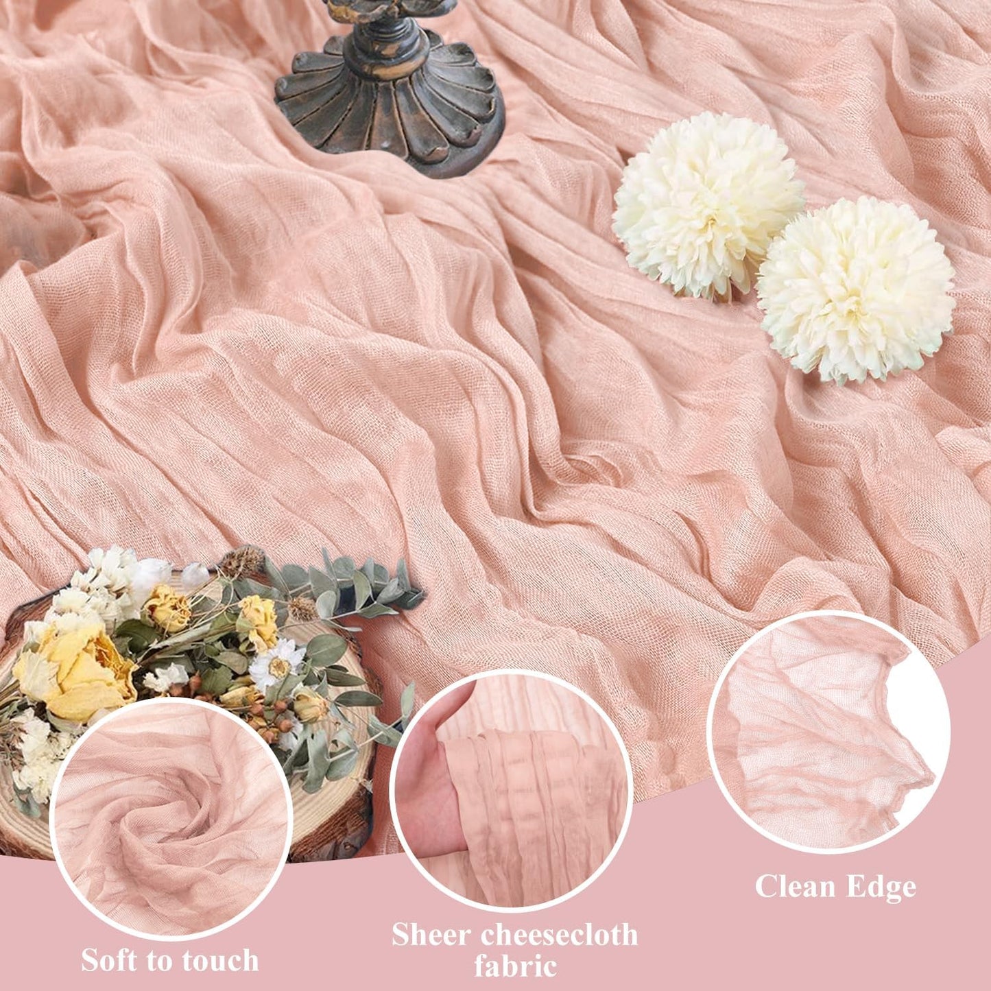 Asee'm 4pcs Cheesecloth Table Runner 120 Inches Dusty Pink Boho Gauze Cheese Cloth Runner 10FT Rustic Sheer Table Runners for Summer Wedding Baby Shower Holiday Party Decoration