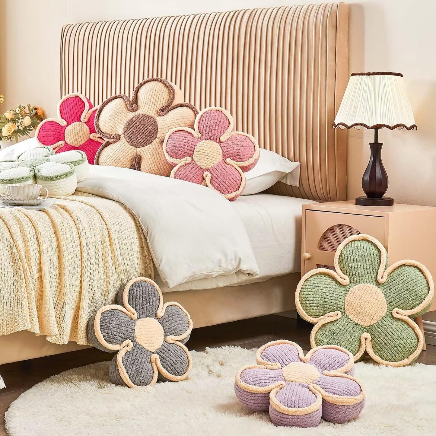 Flower Pillow, Soft Shaped Floor Cushion, Decorative Throw Pillow, Seating Cushion, Plush Room Decor Pillows for Sofa Couch Bed (13.7 Inch, Ivory)