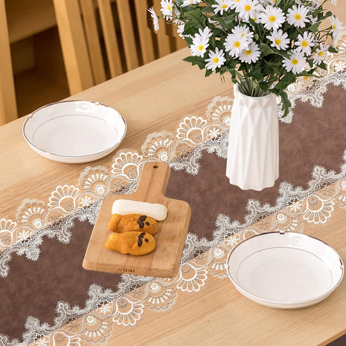 Vintage Lace Dining Table Runner, 72 Inches Macrame Coffee Table Runners for Kitchen Home Christmas Party Decorations (16x72 inch,Brown)