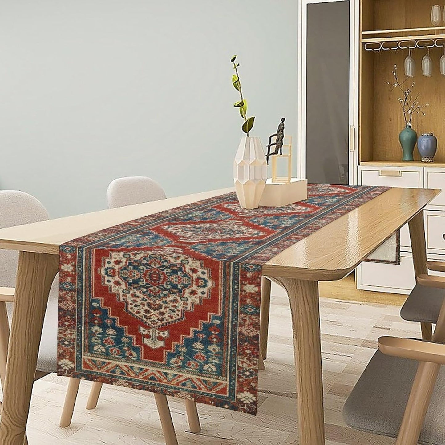 Boho Floral Vintage Table Runner, Red Blue Retro Flower Rustic Country Farmhouse Pattern for Home Kitchen Table Decor Dining Coffee Room Party Decor 13x60in