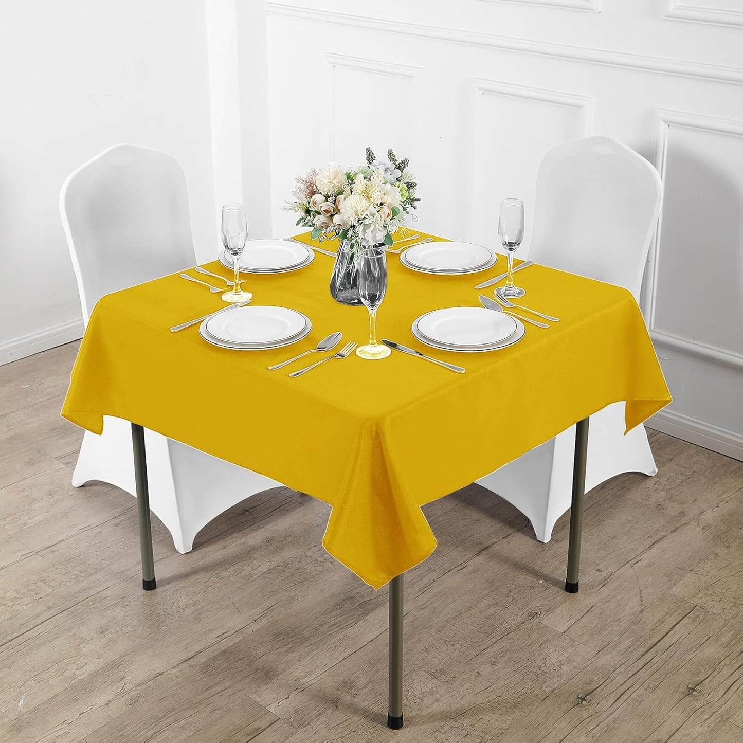 Fokitut 2 Pack Waterproof Square Tablecloth, 90x90 Inch, Stain Resistant and Wrinkle Polyester Table Cloth, Fabric Table Cover for Kitchen Dining, Wedding, Party, Holiday Dinner-Yellow