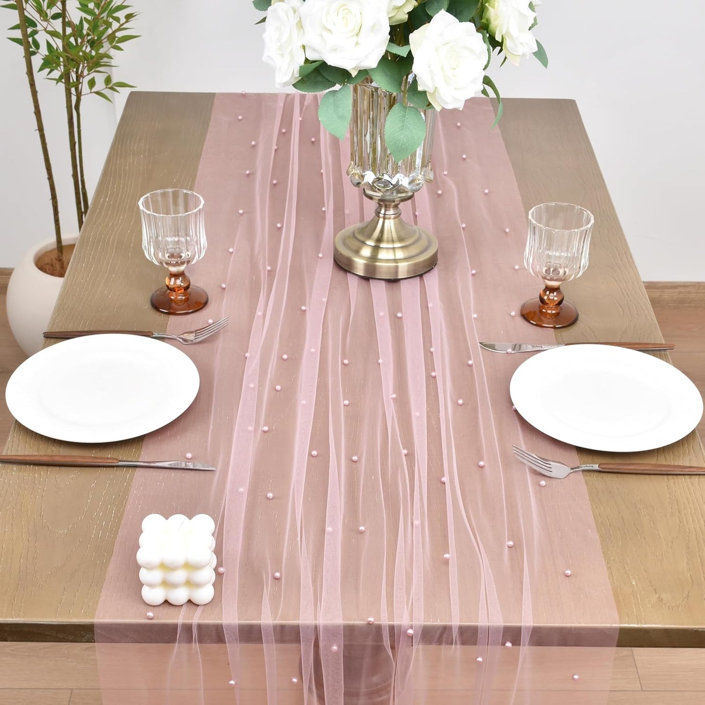 Joanlody Fall Pearl Table Runner 10ft Rustic Boho Tulle Table Runner with Pearls for Baby Shower Wedding Party Veil Dessert Thanksgiving Table Decor Dusty Rose 4pcs