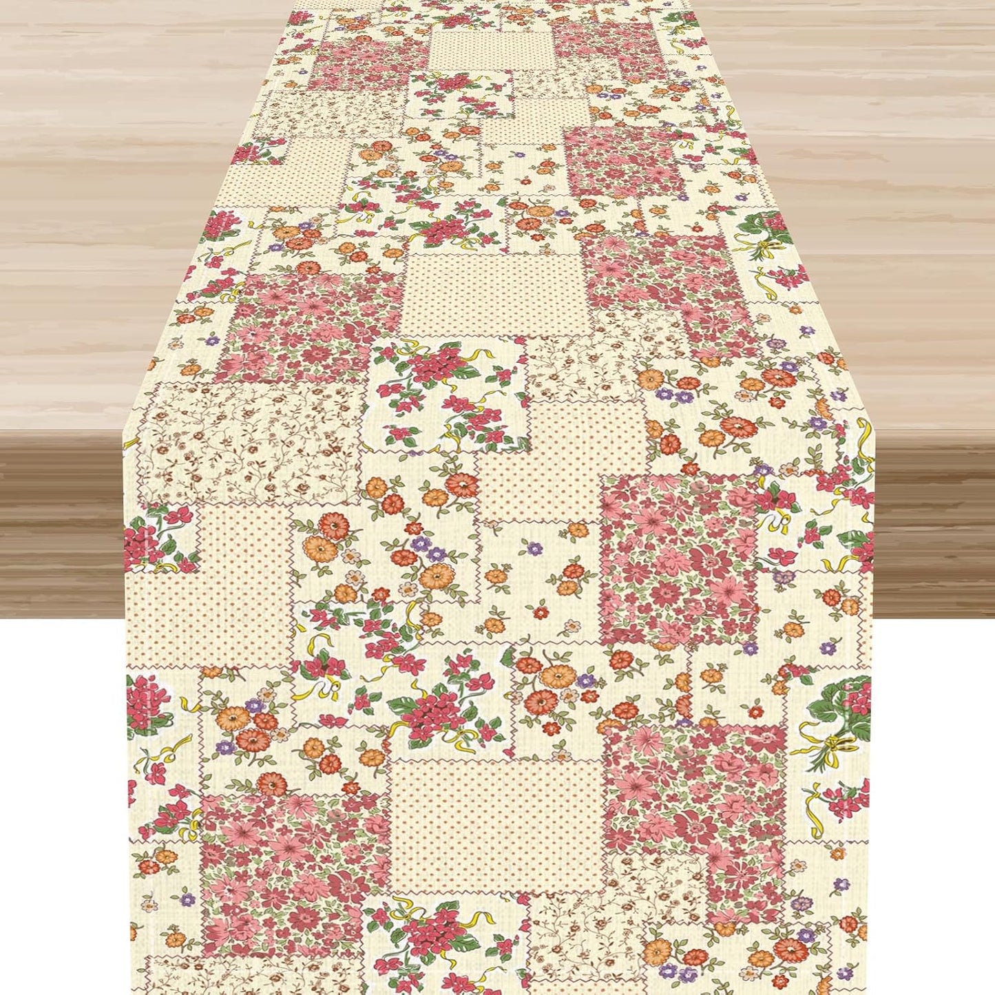 Patchwork Table Runner, Boho Vintage Pink Wildflowers Bohemian Paisley Flower Farmhouse Table Center Decor for Home Kitchen Dining Patio Holiday Party Indoor Outdoor Table Decorations, 13"x36" Inch