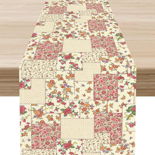 Patchwork Table Runner, Boho Vintage Pink Wildflowers Bohemian Paisley Flower Farmhouse Table Center Decor for Home Kitchen Dining Patio Holiday Party Indoor Outdoor Table Decorations, 13"x72" Inch