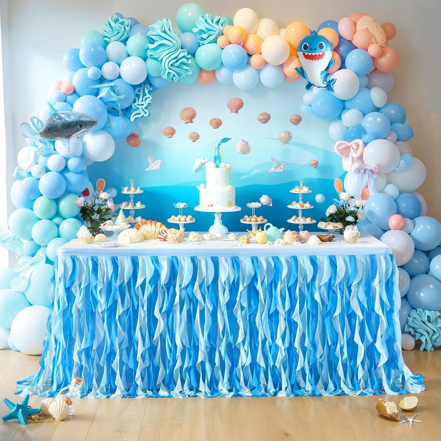 PARTISKY Ocean Blue Tulle Tutu Ruffle Curly Willow Table Skirt for Rectangle Table 6ft,Under The Sea Baby Shark Themed Table Cloth for Boys Girls Birthday Party or Baby Shower