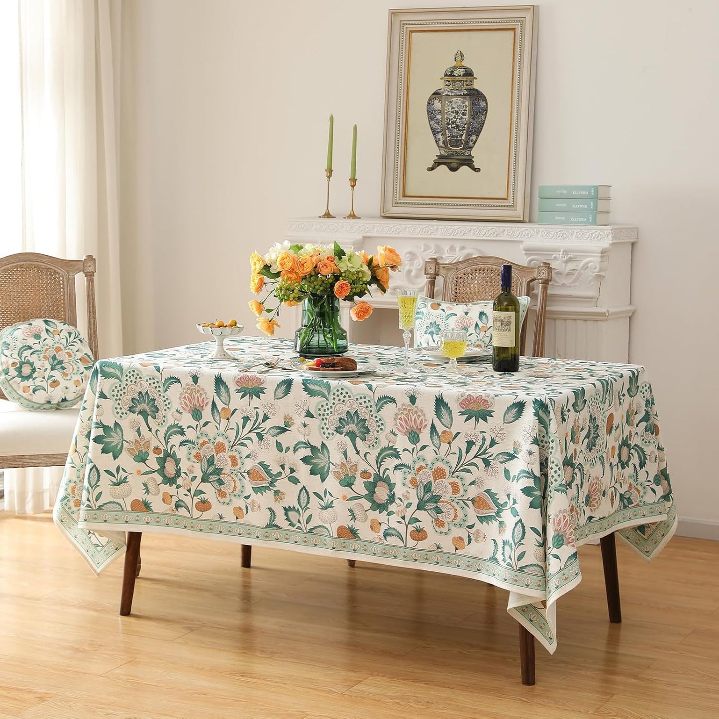 patdrea Designer Green Rectangle Table Cloth,Vintage Italian Floral Country Linen Breathable Tablecloth,Decor Cover for Kitchen Dining,Christmas,Tea Party,Thanksgiving,63"x94"-Tree Life