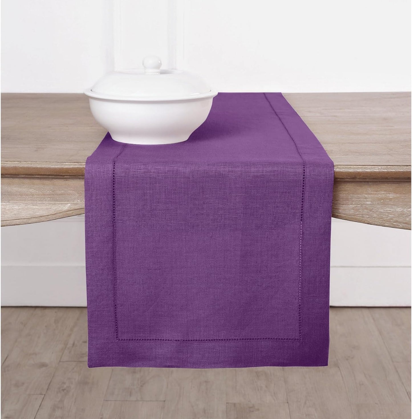 Solino Home Linen Purple Table Runner 36 Inches - Classic Hemstitch, 100% Pure Linen Coffee Table Runner 14 x 36 Inch Ideal for Dresser Tables - Fall, Autumn, Halloween, Thanksgiving, Holiday