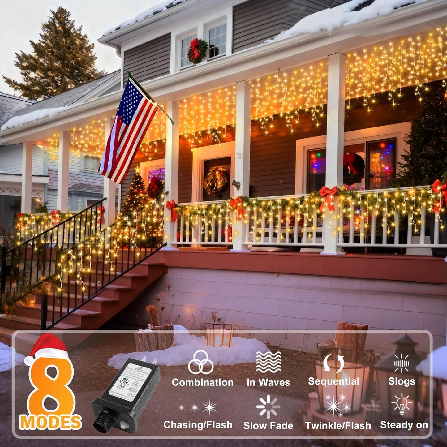 KNONEW Christmas Lights Outdoor Decorations 400 LED 33ft 8 Modes Curtain Fairy String Light with 75 Drops, Clear Wire LED String Light Indoor Decor for Wedding Party Christmas Decorations Warm White