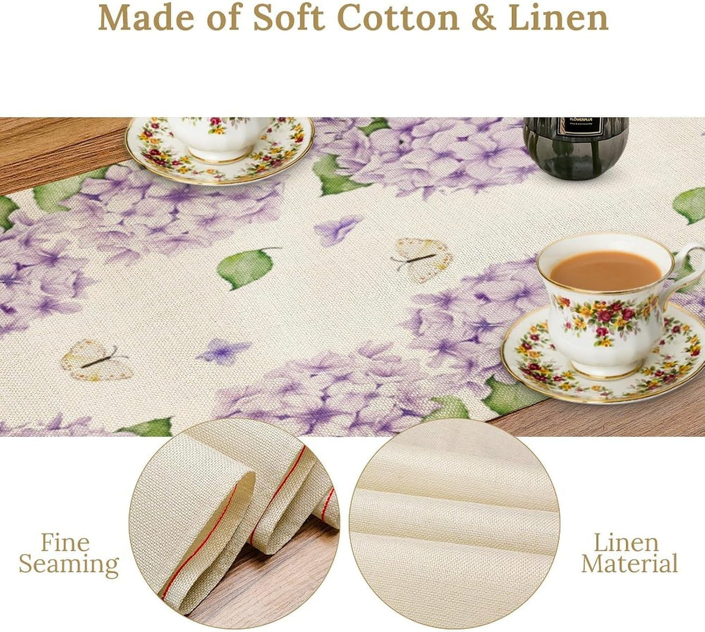 Watercolor Hydrangea Flower Table Runner, Spring Summer Seasonal Plants Butterfly Pink Lavender Dinner Runner for Home Kitchen Dining Table Party Holiday Decoration 13"x120"