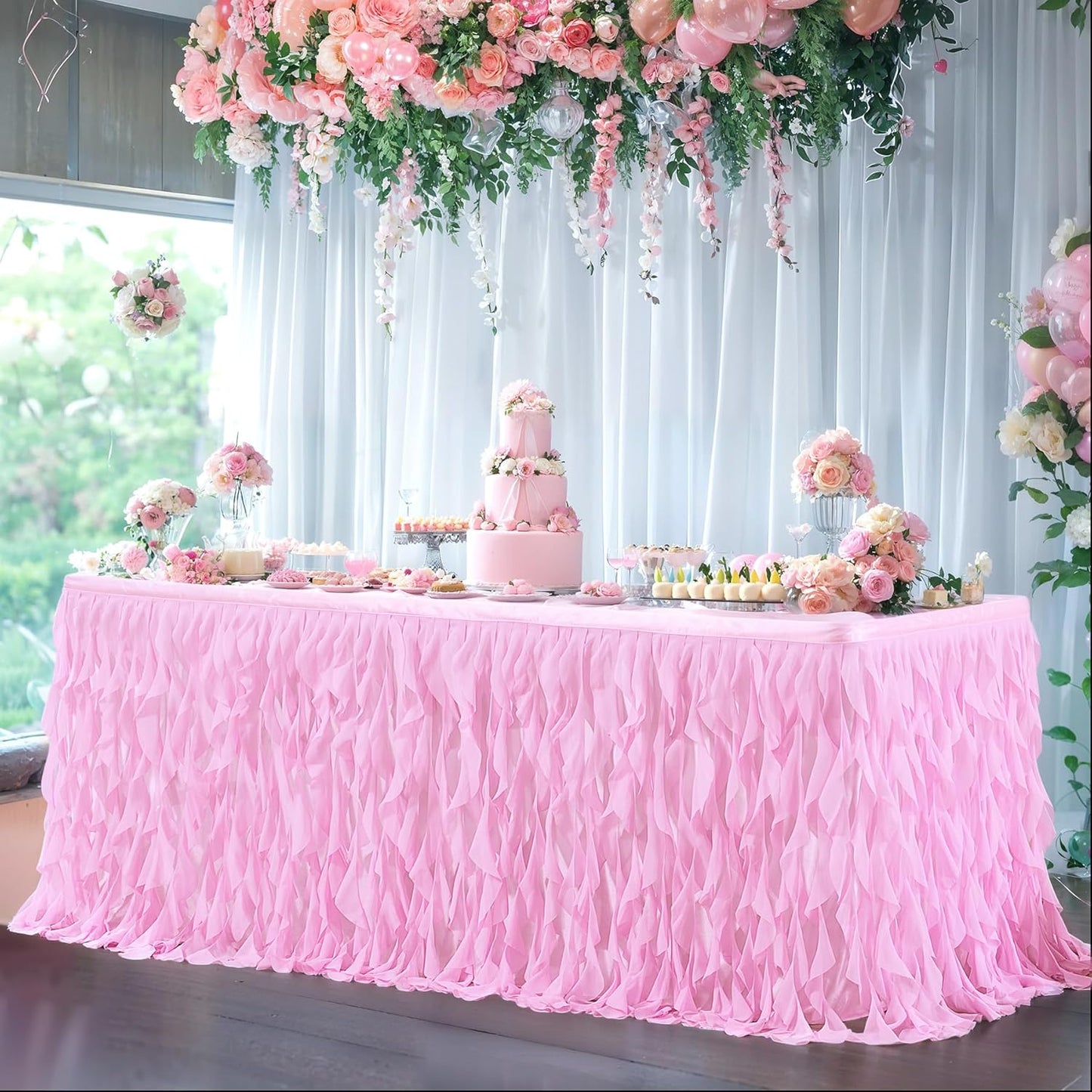 PARTISKY Pink Tulle Curly Willow Table Skirt for Rectangle Table 17ft, Ruffle Tutu Table Cloth for Girls Baby Shower,Birthday Party Candy Cake Tables