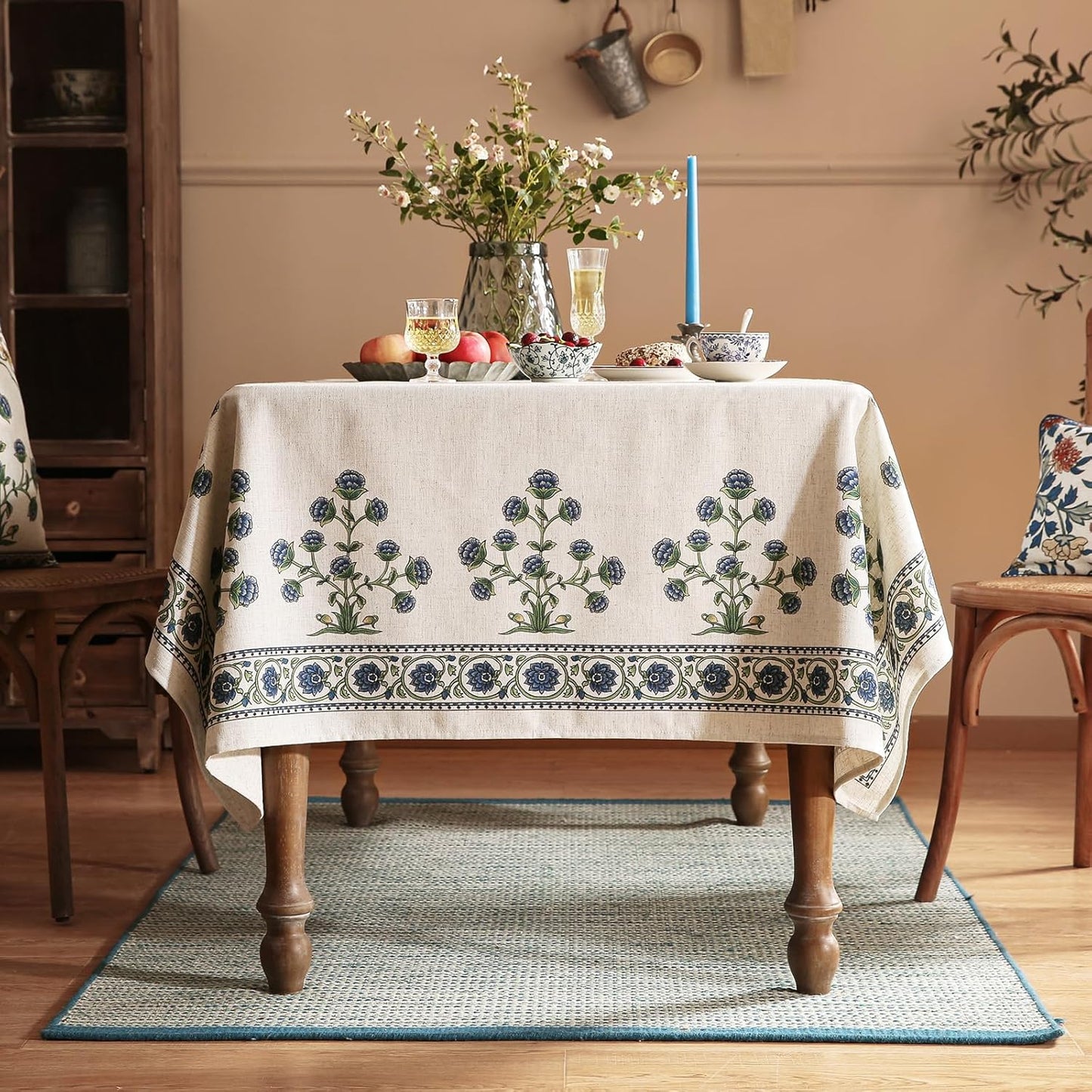 patdrea Designer Blue Square Tablecloth Table,Vintage Linen Leaves Floral Pattern Floral Tablecloths,French Table Cover Cloth Fall Decor for Kitchen Dining Christmas,Thanksgiving,67"x67"-Ivar B